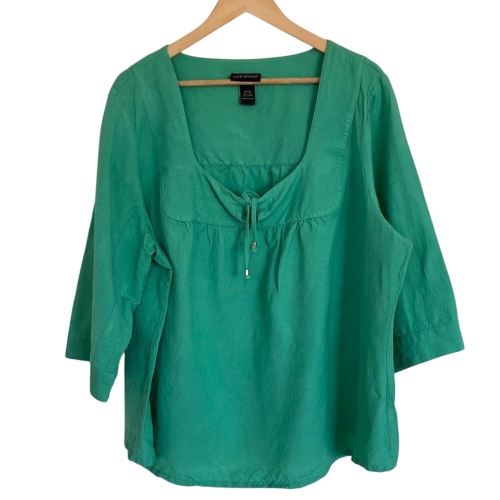 Lane Bryant Pullover Elbow Sleeve Linen Blend Top‎ in Green Size 26/28